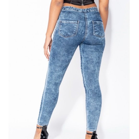 Blue Acid Wash High Waist Skinny Denim Jeggings Pants - Picture 5 of 10